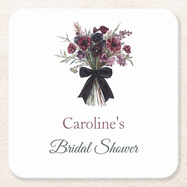 Red Flowers Bridal Shower Square Paper Coaster (Front)
