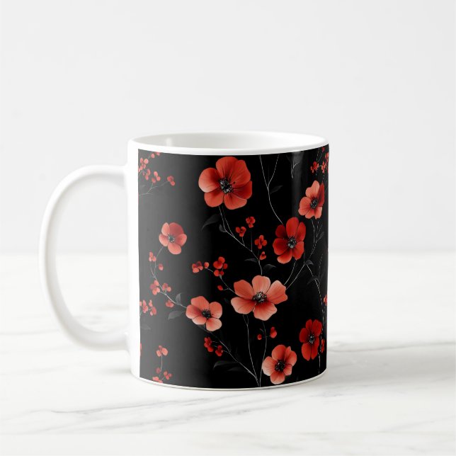 Red Flowers Dark Pattern Coffee Mug (Left)