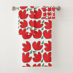 Red Flowers Floral  Bath Towel Set