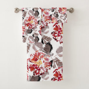 Red flowers, floral, retro, red and white bath towel set