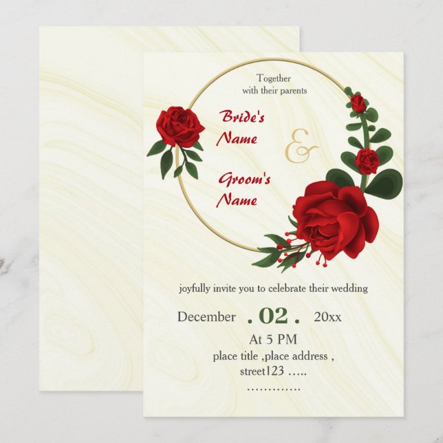 red flowers foliage gold wreath invitation (Front/Back)