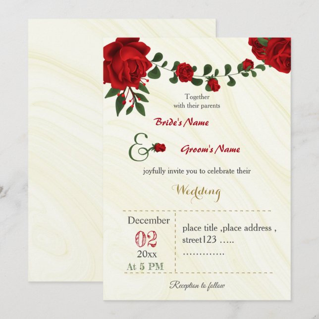 red flowers foliage  wedding  invitation (Front/Back)