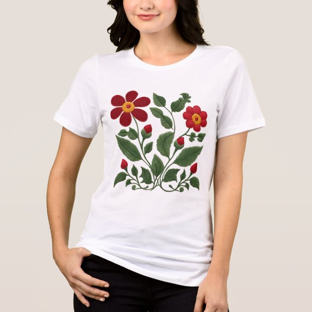 Red Flowers Folk Art Tri-Blend Shirt (Front)