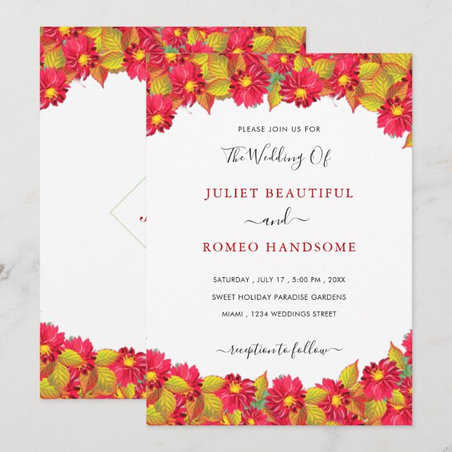 red Flowers Framed Wedding Invitations Example (Front/Back)