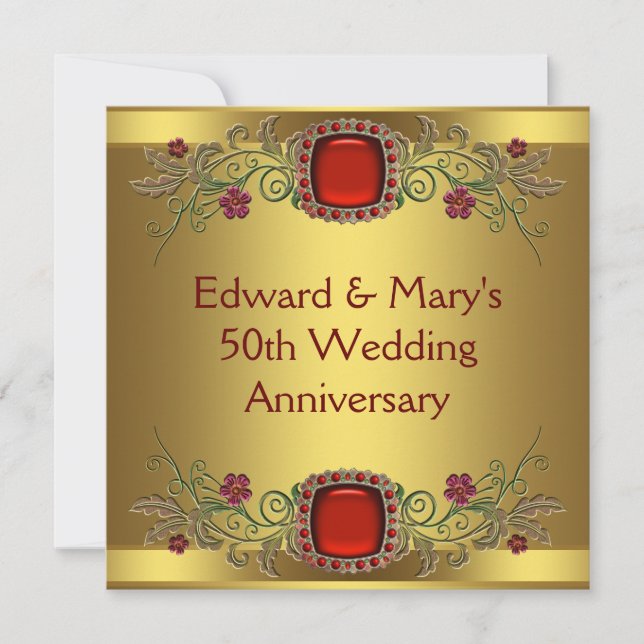 Red Flowers Gold 50th Wedding Anniversary Party Invitation (Front)