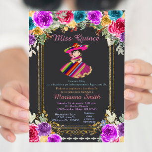 Red Flowers Gold Charro Quinceañera Invitation