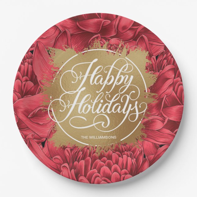 Red Flowers Gold Faux Foil Happy Holidays Paper Plate (Front)