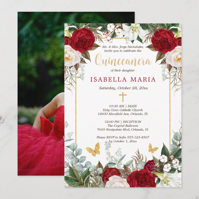 Red Flowers Gold Foil Butterflies Quinceanera Invitation (Front/Back)