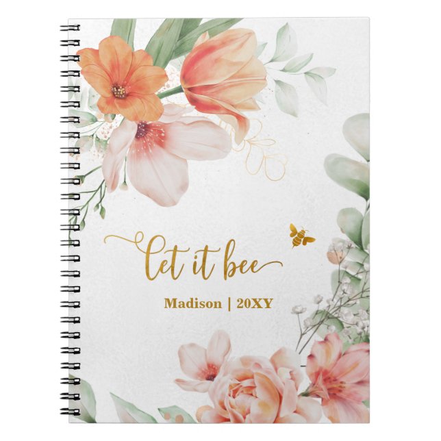 Red Flowers Gold Glitter Let It Bee Girl Diary Notebook (Front)