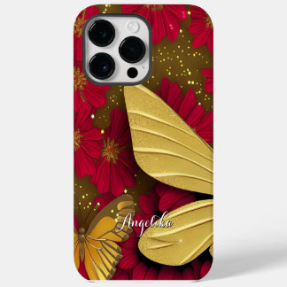 Red Flowers Gold Glitters Personalised Name iPhone 14 Pro Max Case