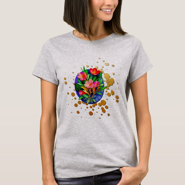 Red Flowers, Green Leaves and Golden Background T-Shirt (Front)