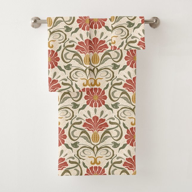 red flowers, green leaves, and yellow accents bath towel set (Creator Uploaded)