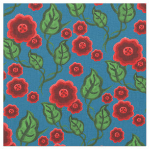 Red flowers/green leaves/Folk art floral/blue Fabric