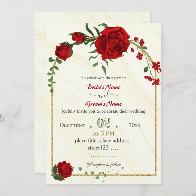 red flowers green leaves gold frame wedding invitation (Front/Back)