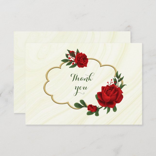 red flowers green leaves on gold frame thank you card (Front/Back)