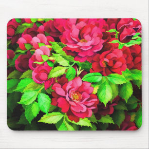 Red Flowers Green Leaves Painting Mouse Pad