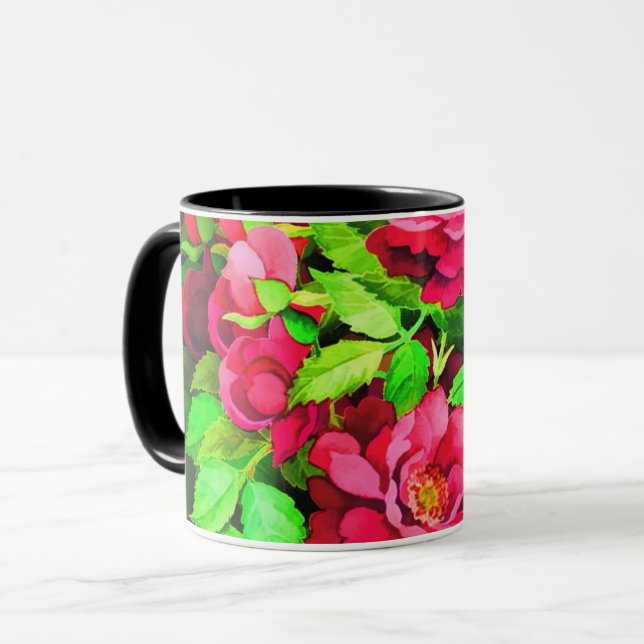 Red Flowers Green Leaves Painting Mug (Front Left)