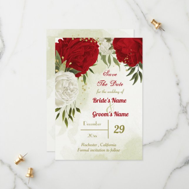 red flowers green leaves  save the date (Front/Back In Situ)