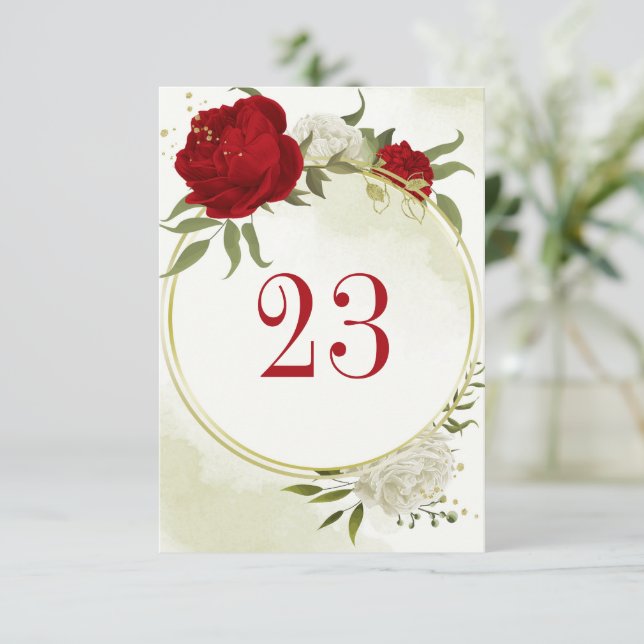 red flowers green leaves table number card (Standing Front)