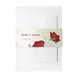 red flowers green leaves wedding invitation belly band
