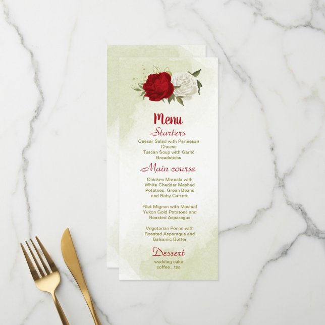 red flowers green leaves wedding menu (Front/Back In Situ)