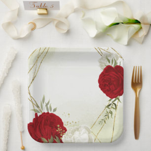 red flowers green leaves wedding paper plate