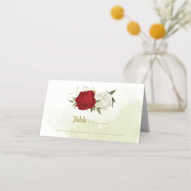 red flowers green leaves wedding place card (Front)
