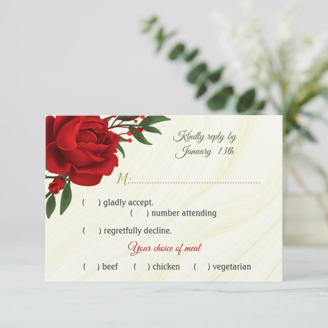 red flowers greenery meal choice   RSVP card (Standing Front)