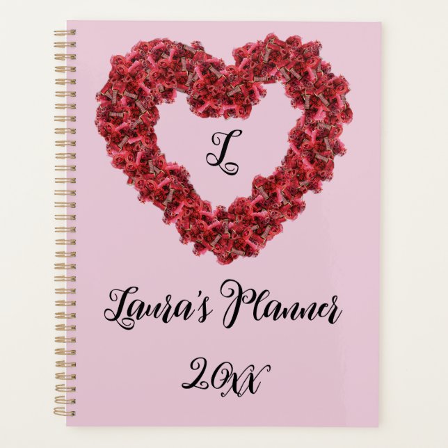 Red Flowers Heart with Customisable Text, Pictures Planner (Front)