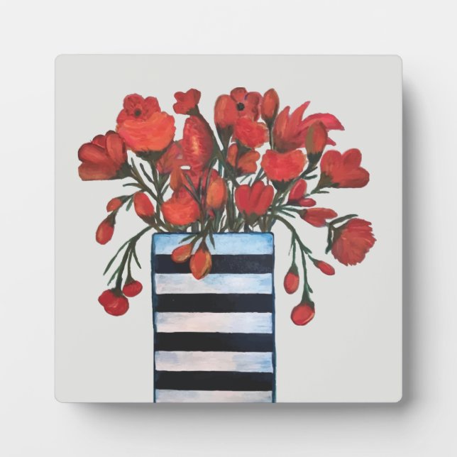 Red Flowers in Black and White Striped Vase Plaque (Front)