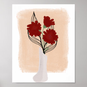 Red Flowers in Vase Hand Drawn Art  Poster