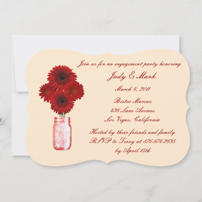 Red Flowers Mason Jar Engagement Party Invitation (Front)