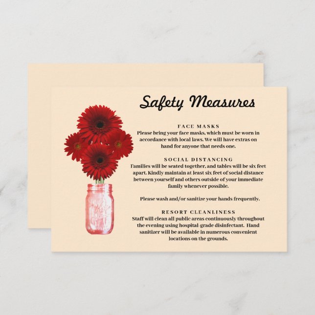 Red Flowers Mason Jar Safety Measures Enclosure Card (Front/Back)