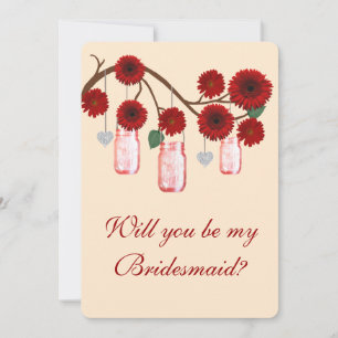 Red Flowers Mason Jars Bridesmaid Card