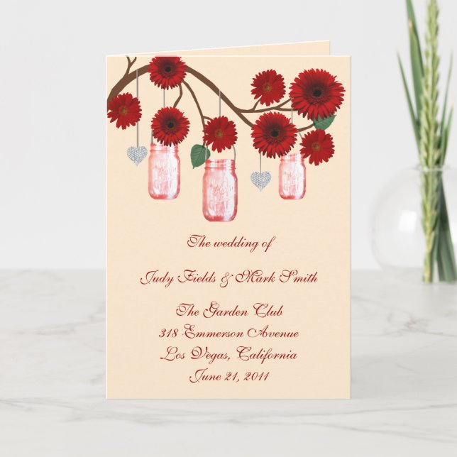 Red Flowers Mason Jars Program Card (Front)