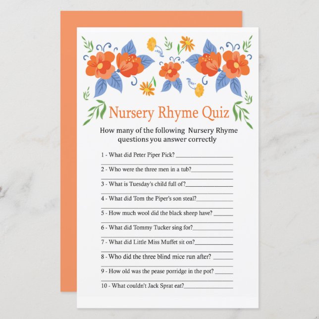 Red flowers Nursery Rhyme Quiz baby shower game (Front/Back)