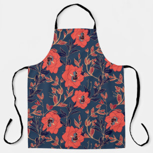 Red flowers of roses and peonies with leaves and p apron