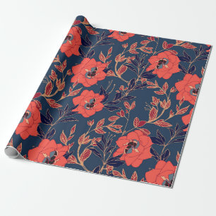Red flowers of roses and peonies with leaves and p wrapping paper