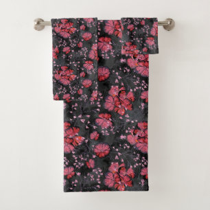 Red flowers on a black-grey background. bath towel set