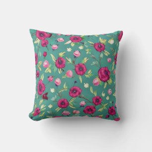 Red Flowers on a green background  Cushion