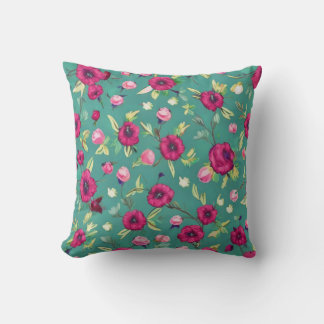 Red Flowers on a green background Cushion
