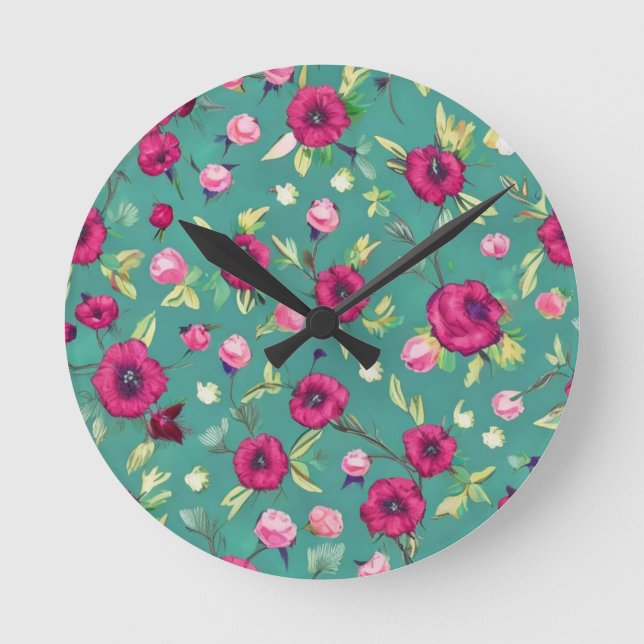 Red Flowers on a green background  Round Clock (Front)