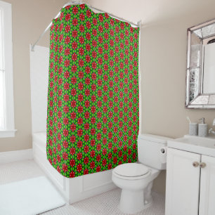 Red Flowers on a Green Background Shower Curtain
