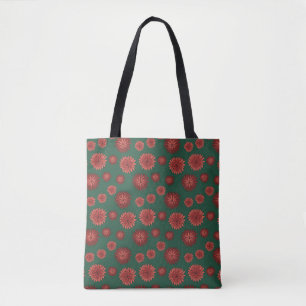 Red Flowers on a Green Background Tote Bag