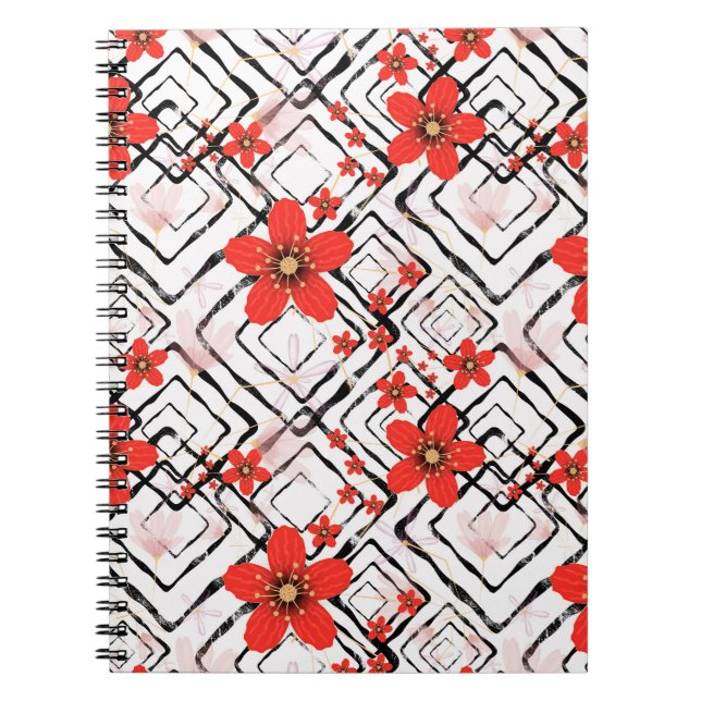 Red flowers on a white, black background. notebook (Front)