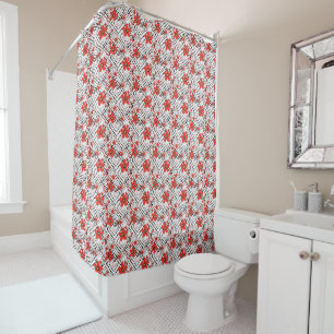 Red flowers on a white, black background. shower curtain