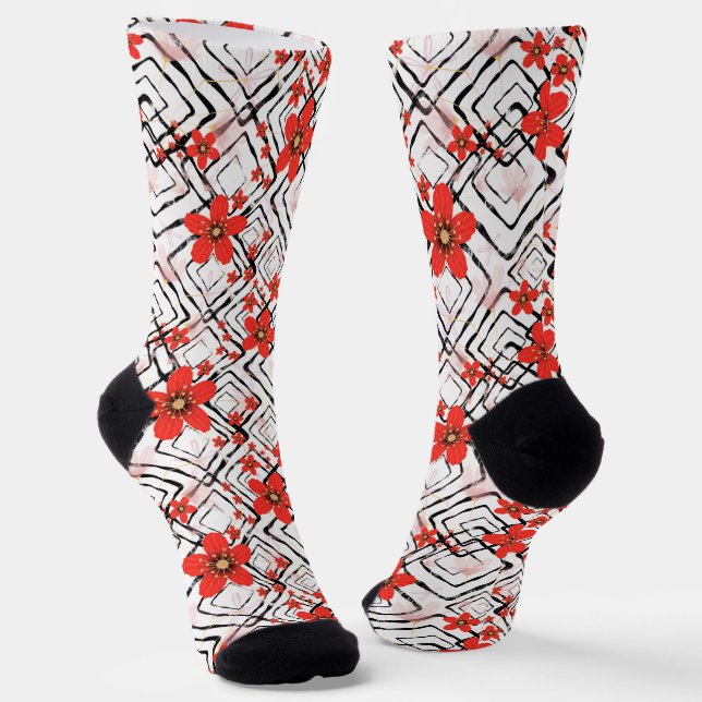 Red flowers on a white, black background. socks (Angled)