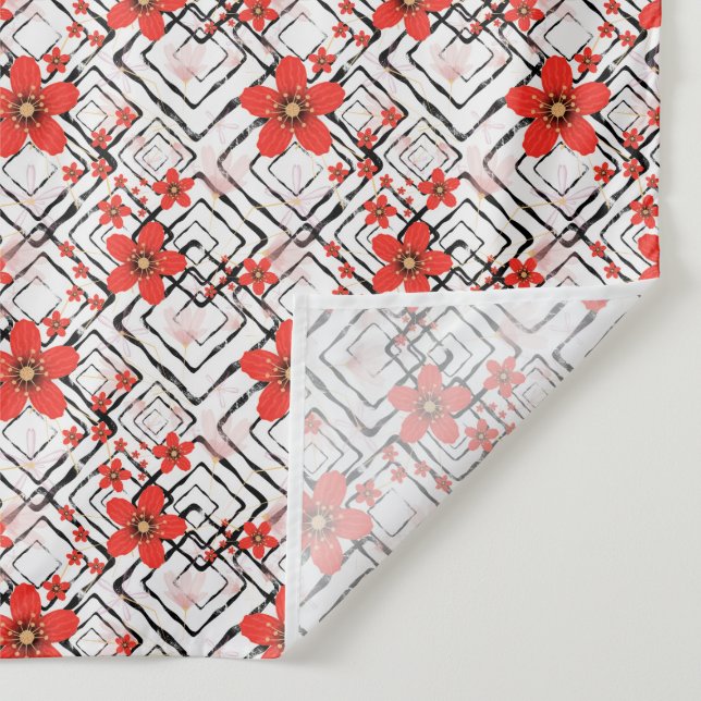 Red flowers on a white, black background. tapestry (Detail)