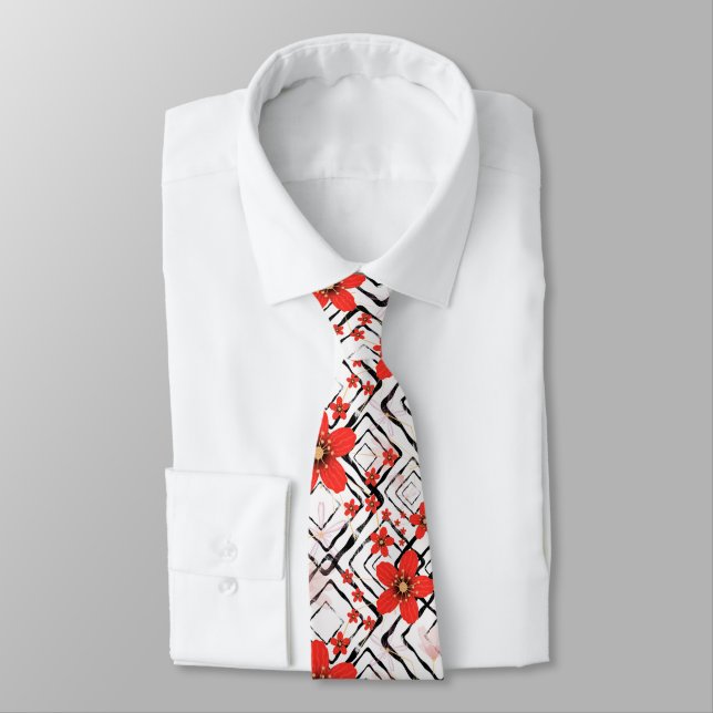 Red flowers on a white, black background. tie (Tied)
