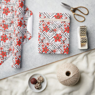 Red flowers on a white, black background. wrapping paper
